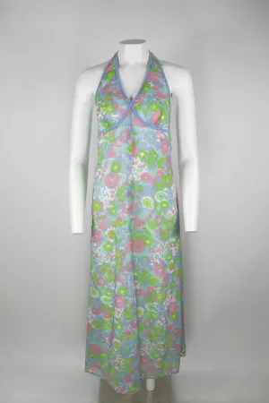 70s halter neck maxi dress - Blue pink and green floral pattern - S