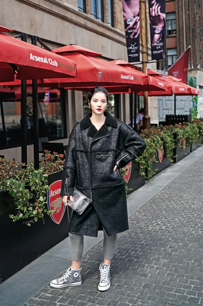 8GIRLS DESIGN FAUX LEATHER COAT WITH BORG LINING IN BLACK