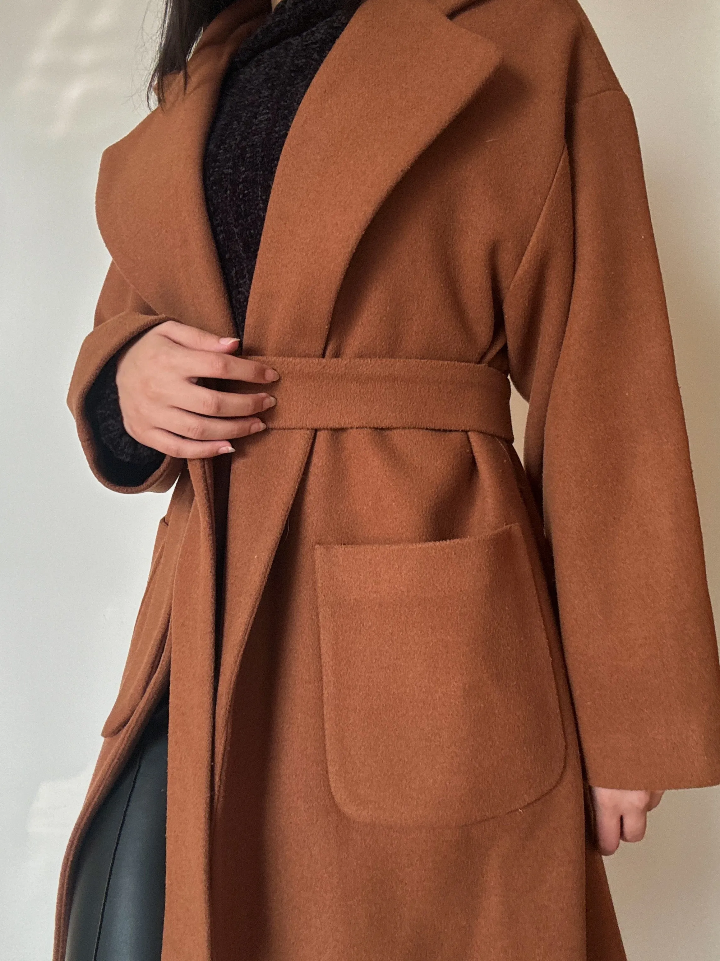 Camel Belted Coat (50% wool)