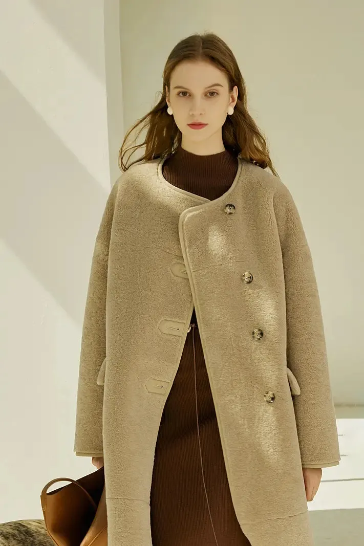 Collarless Faux Leather Lined Sleek Long Sherpa Coat