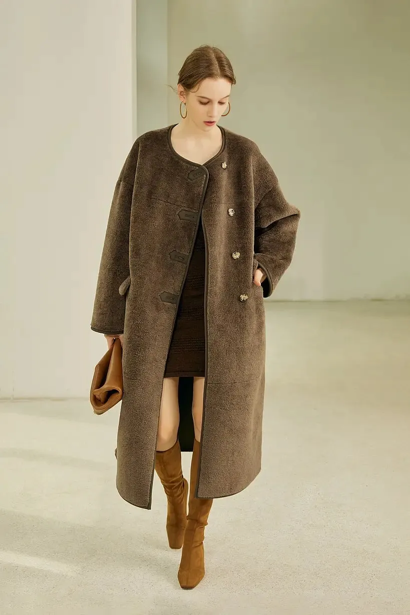 Collarless Faux Leather Lined Sleek Long Sherpa Coat