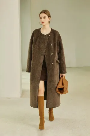 Collarless Faux Leather Lined Sleek Long Sherpa Coat