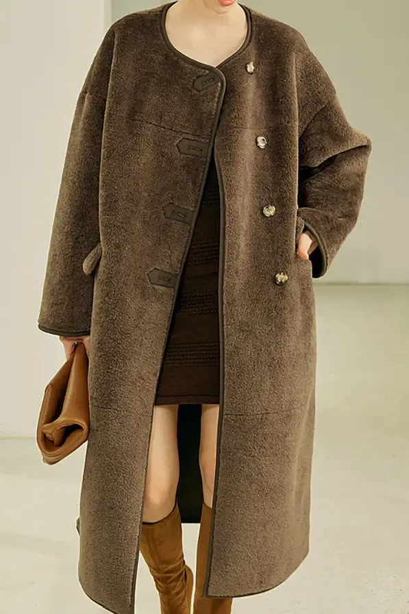 Collarless Faux Leather Lined Sleek Long Sherpa Coat