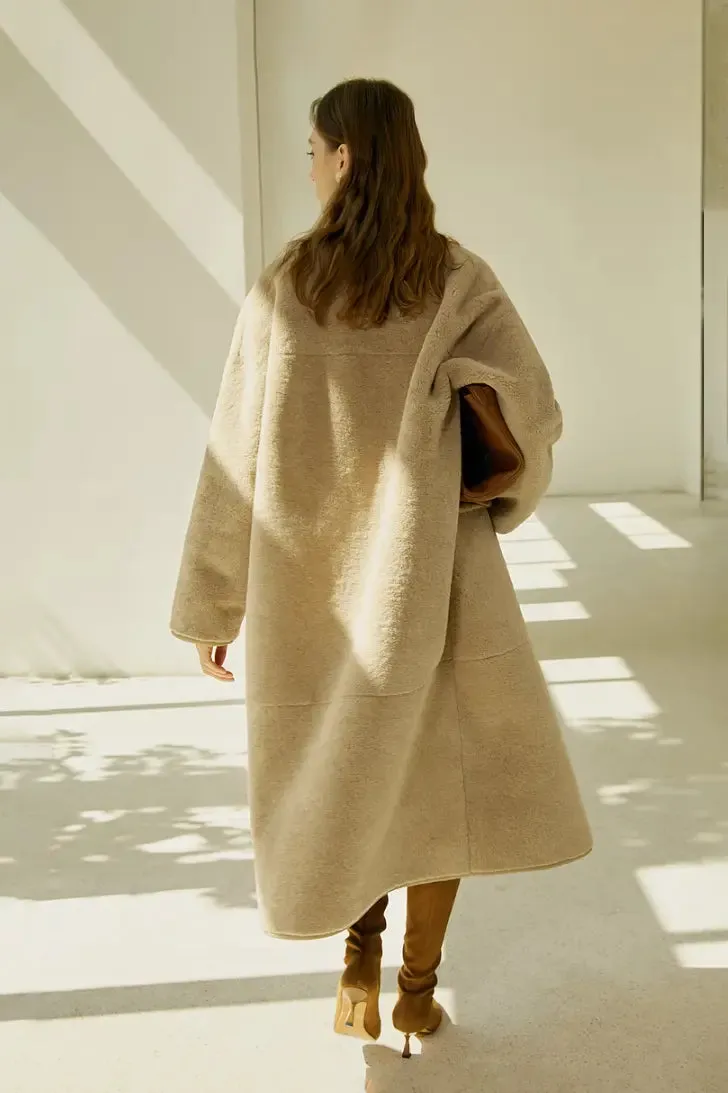 Collarless Faux Leather Lined Sleek Long Sherpa Coat
