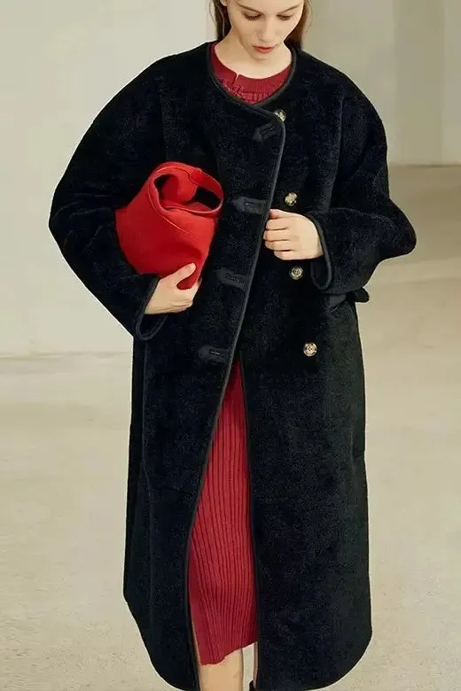 Collarless Faux Leather Lined Sleek Long Sherpa Coat
