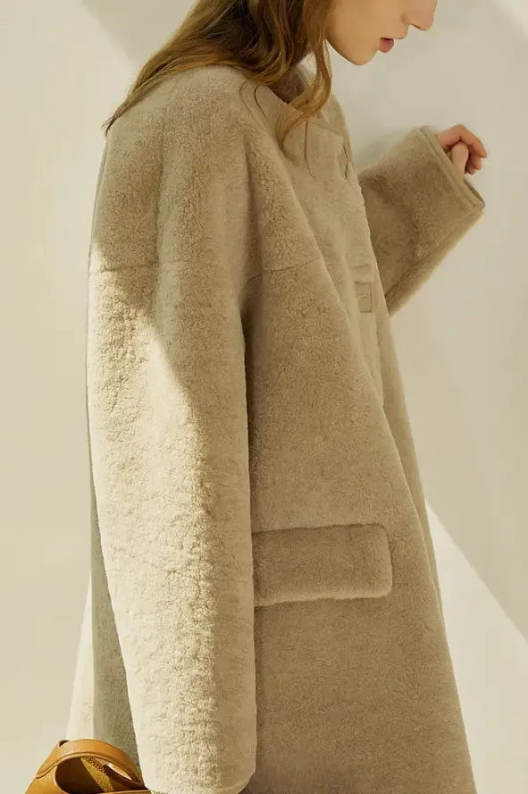 Collarless Faux Leather Lined Sleek Long Sherpa Coat