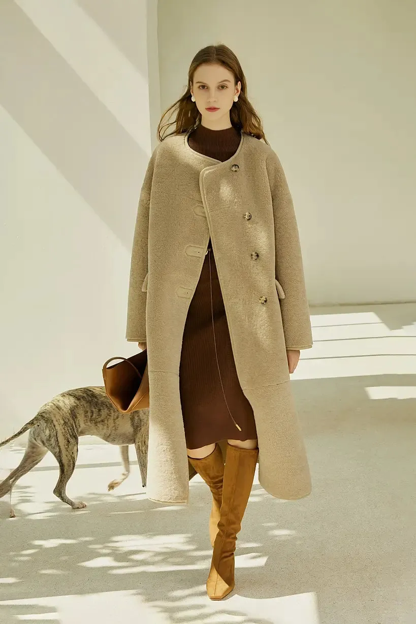 Collarless Faux Leather Lined Sleek Long Sherpa Coat