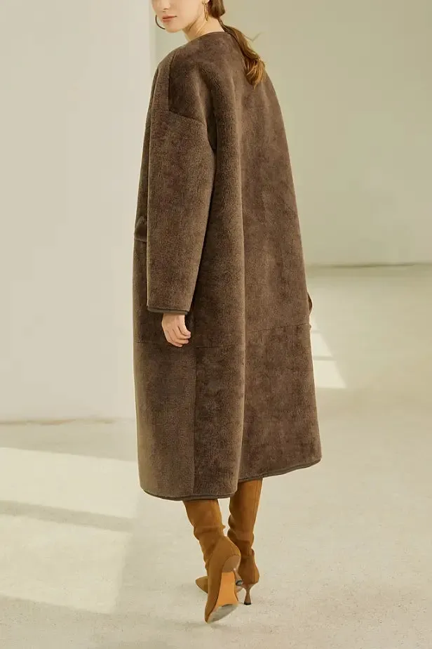 Collarless Faux Leather Lined Sleek Long Sherpa Coat