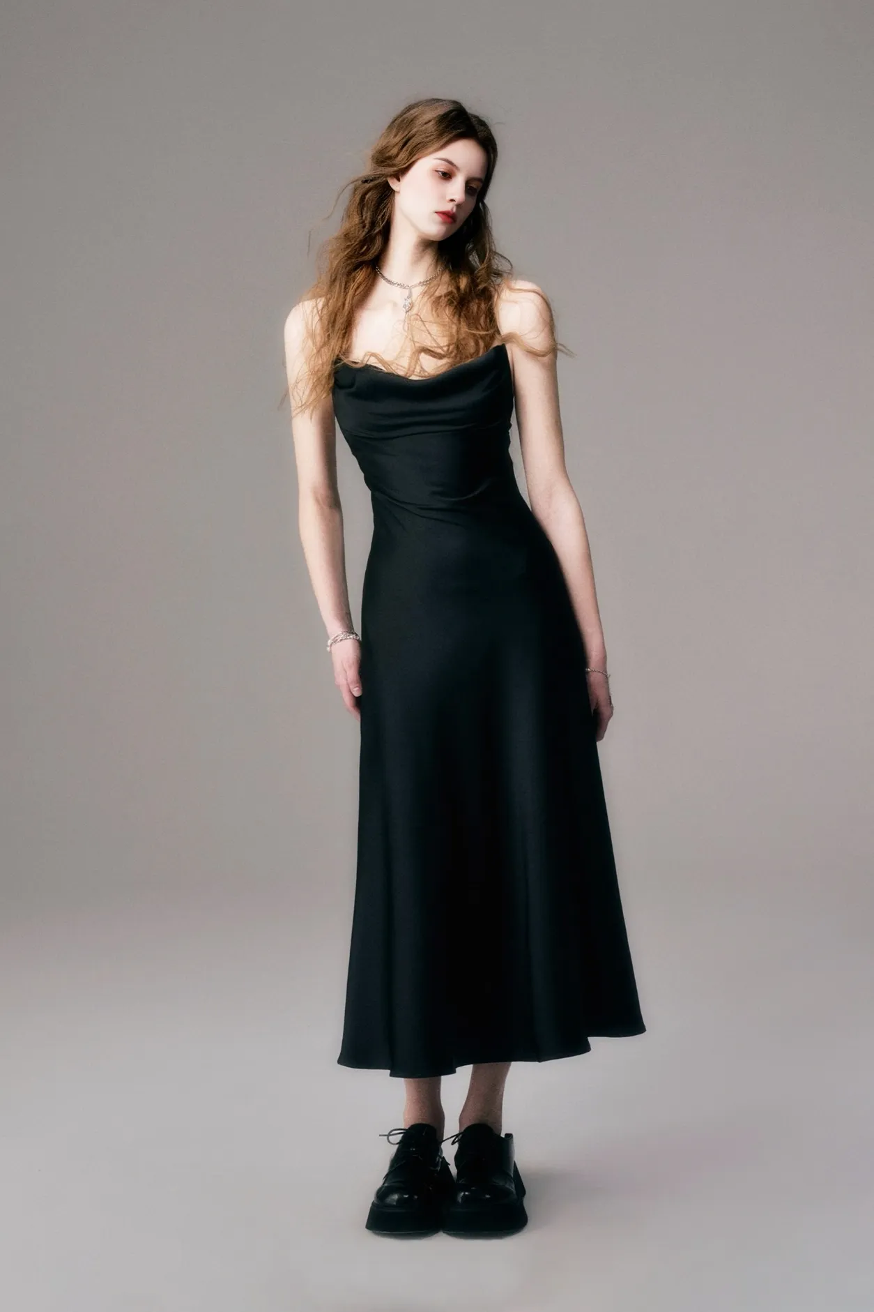 Cowl Neck Backless Maxi Dress with Acetate Satin