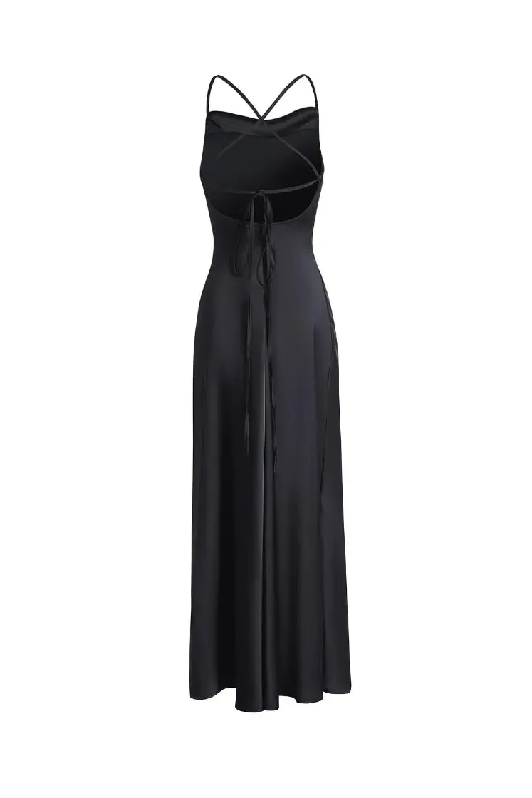 Cowl Neck Backless Maxi Dress with Acetate Satin