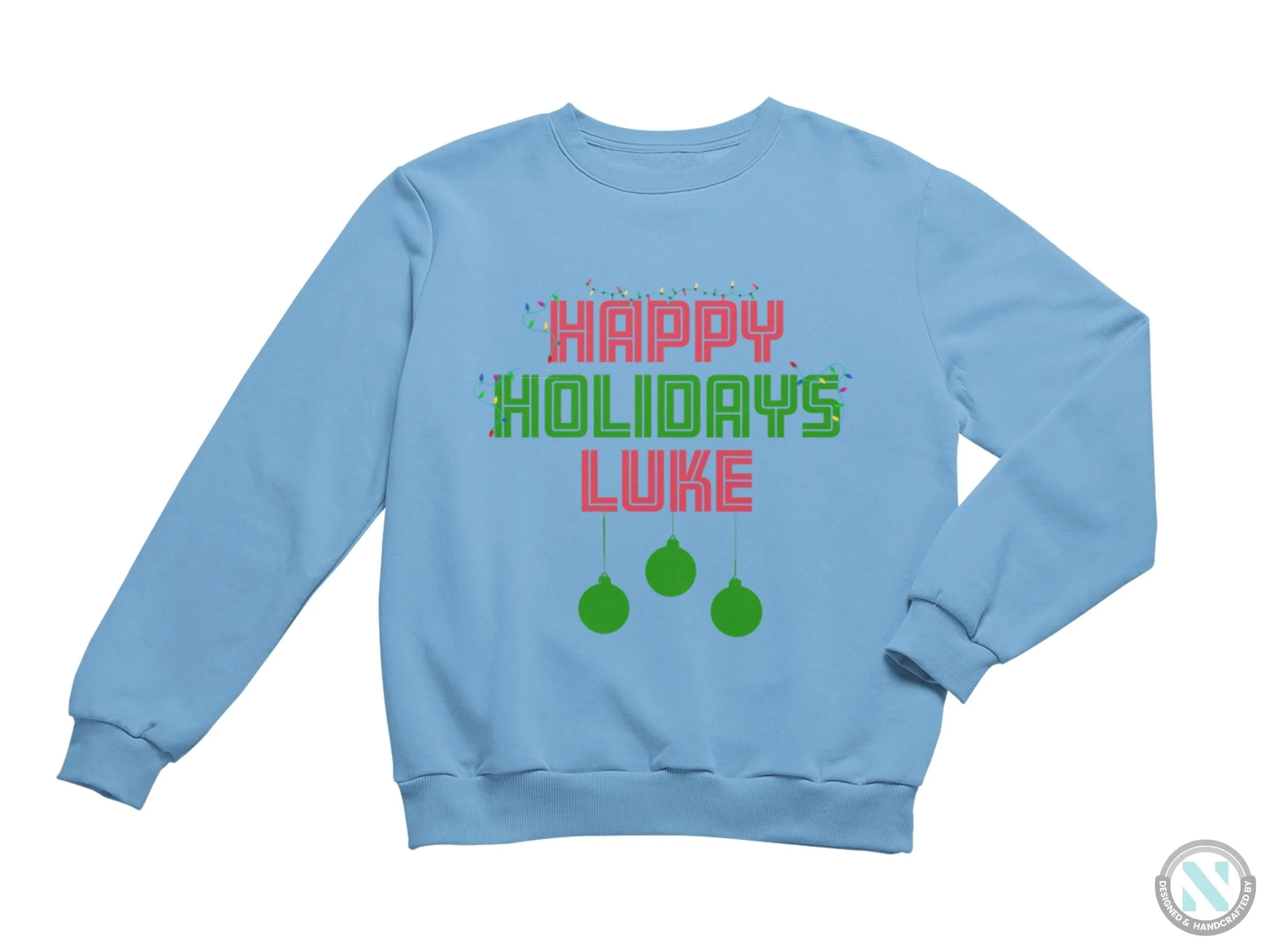 Custom Christmas Name Sweatshirt for Toddler Boys with Happy Holidays Text
