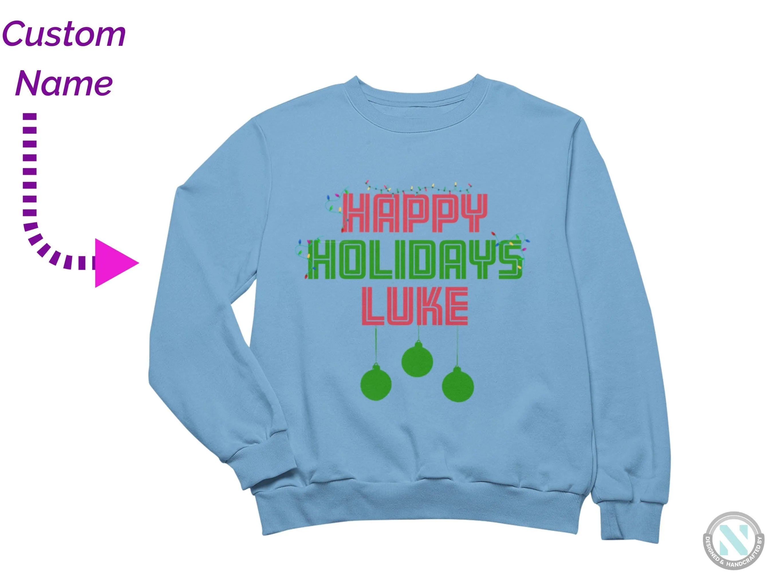 Custom Christmas Name Sweatshirt for Toddler Boys with Happy Holidays Text