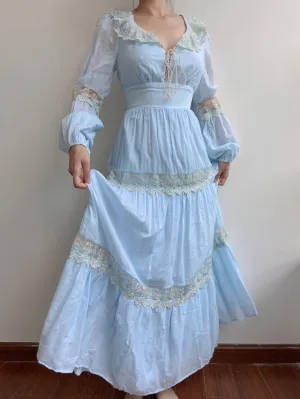 Flowy Blue Lace Ruffles Maxi Dress
