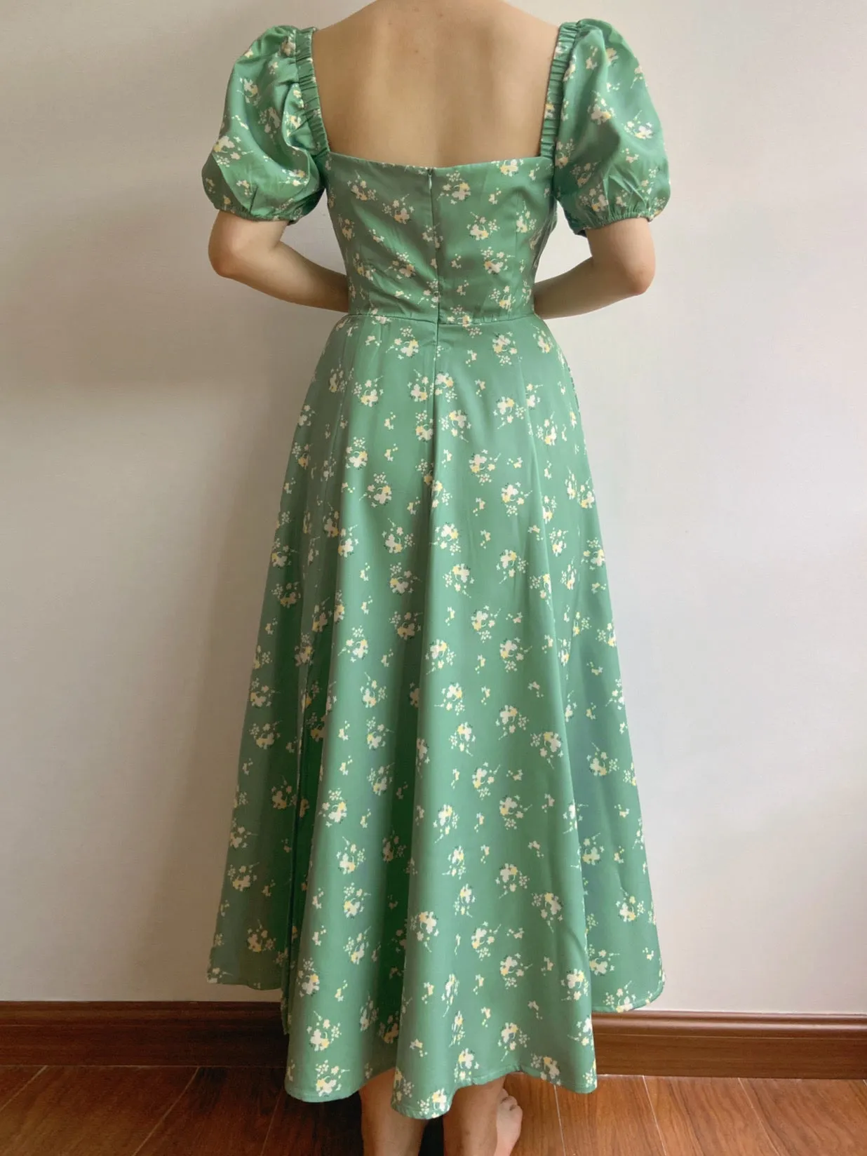 Green Garden Vibes Square Neck Dress