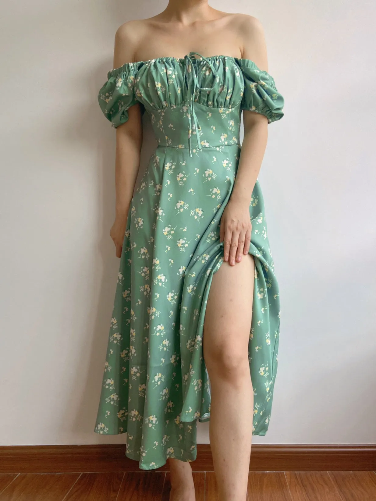 Green Garden Vibes Square Neck Dress