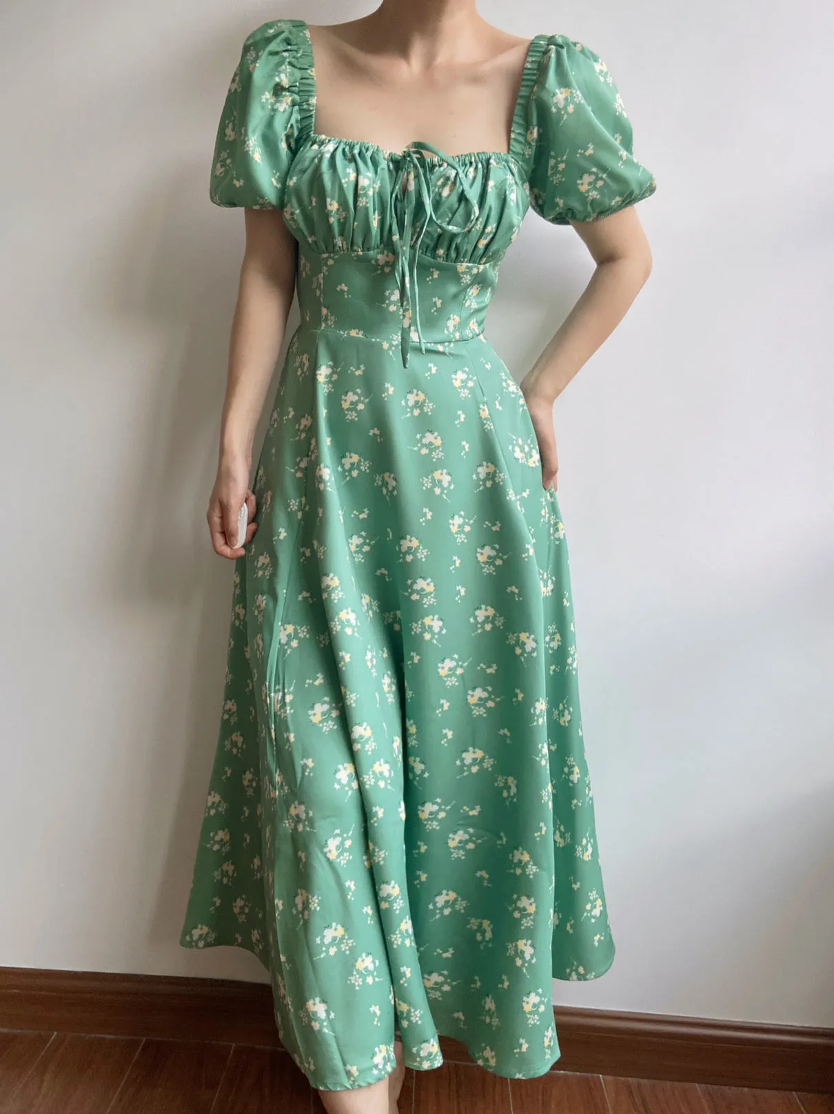 Green Garden Vibes Square Neck Dress
