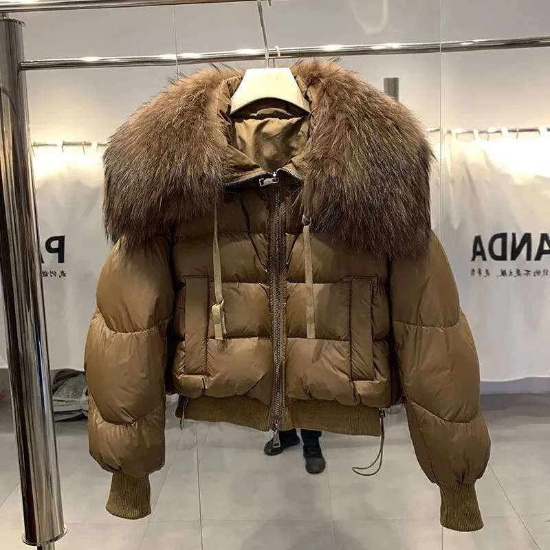 Lagabogy Winter Puffer Jacket Women Thick Warm Short Parkas Real Natural Raccoon Fur Female Loose 90% White Duck Down Coat