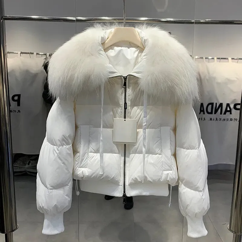 Lagabogy Winter Puffer Jacket Women Thick Warm Short Parkas Real Natural Raccoon Fur Female Loose 90% White Duck Down Coat