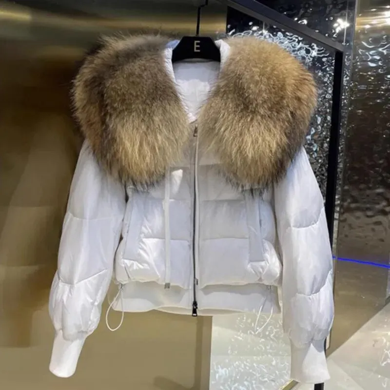Lagabogy Winter Puffer Jacket Women Thick Warm Short Parkas Real Natural Raccoon Fur Female Loose 90% White Duck Down Coat