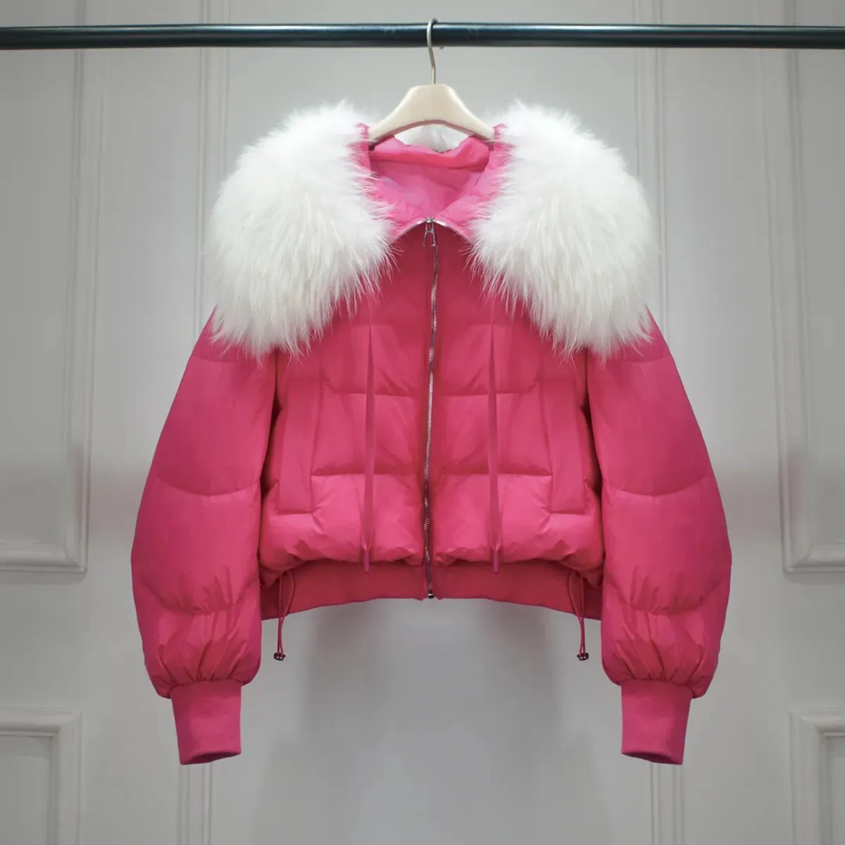 Lagabogy Winter Puffer Jacket Women Thick Warm Short Parkas Real Natural Raccoon Fur Female Loose 90% White Duck Down Coat