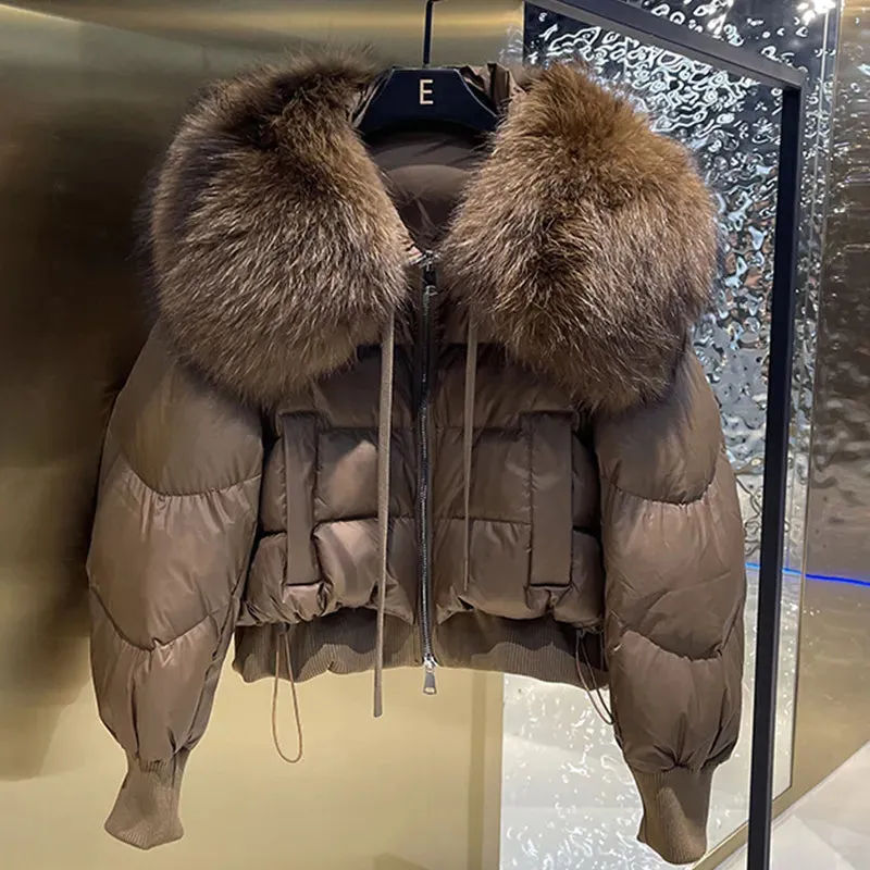 Lagabogy Winter Puffer Jacket Women Thick Warm Short Parkas Real Natural Raccoon Fur Female Loose 90% White Duck Down Coat