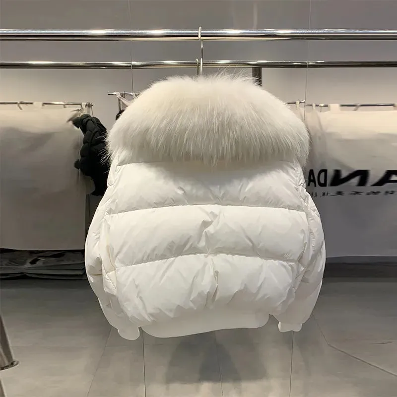 Lagabogy Winter Puffer Jacket Women Thick Warm Short Parkas Real Natural Raccoon Fur Female Loose 90% White Duck Down Coat