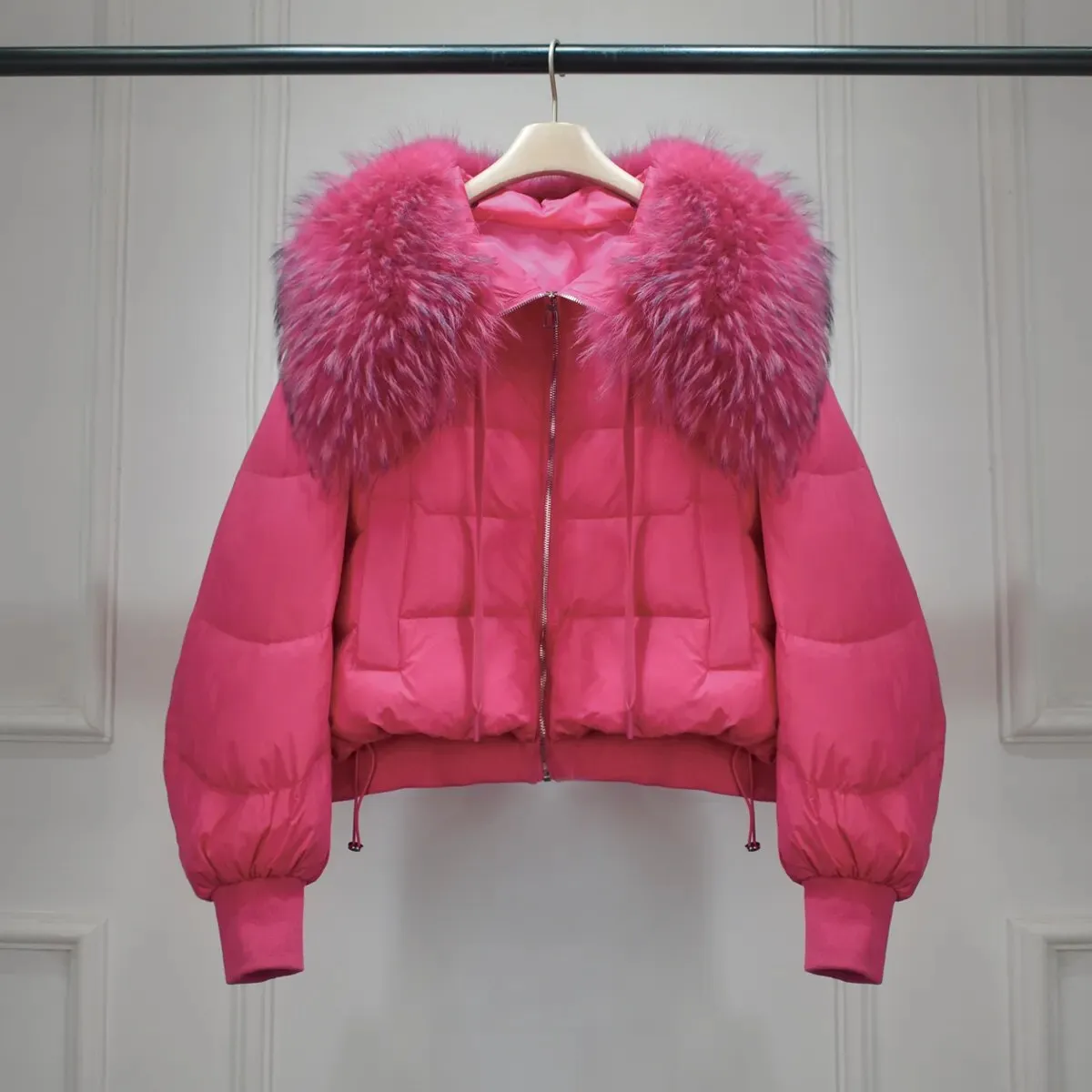 Lagabogy Winter Puffer Jacket Women Thick Warm Short Parkas Real Natural Raccoon Fur Female Loose 90% White Duck Down Coat