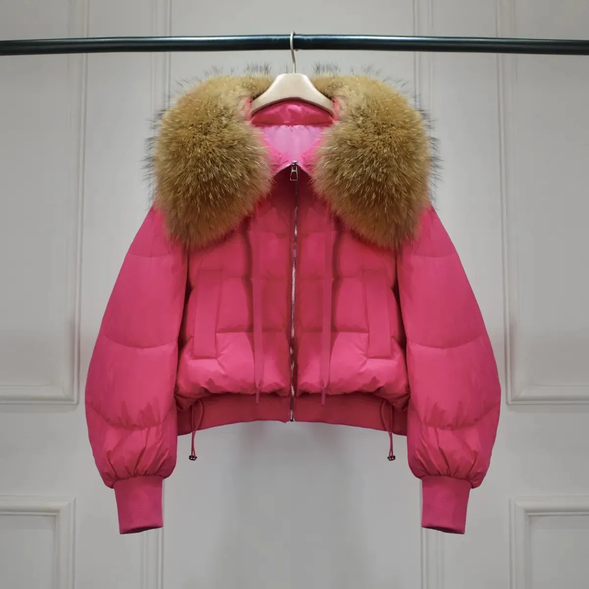Lagabogy Winter Puffer Jacket Women Thick Warm Short Parkas Real Natural Raccoon Fur Female Loose 90% White Duck Down Coat