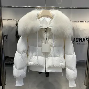Lagabogy Winter Puffer Jacket Women Thick Warm Short Parkas Real Natural Raccoon Fur Female Loose 90% White Duck Down Coat