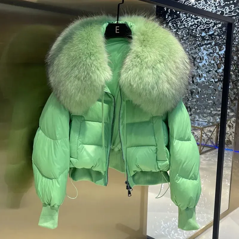 Lagabogy Winter Puffer Jacket Women Thick Warm Short Parkas Real Natural Raccoon Fur Female Loose 90% White Duck Down Coat