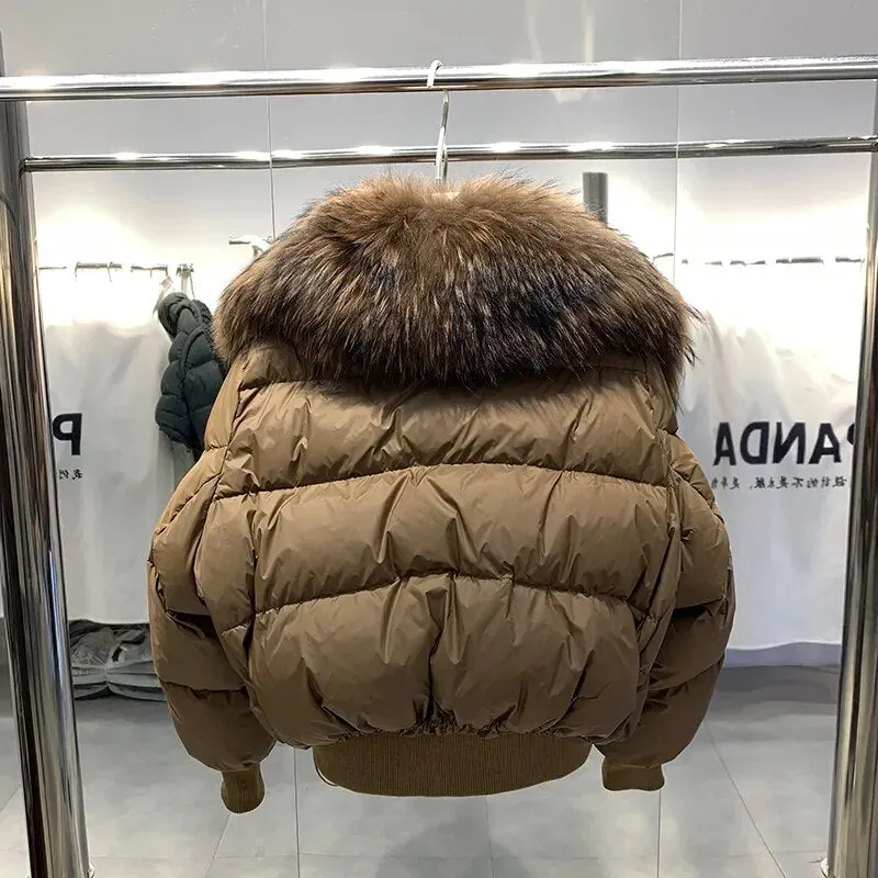 Lagabogy Winter Puffer Jacket Women Thick Warm Short Parkas Real Natural Raccoon Fur Female Loose 90% White Duck Down Coat