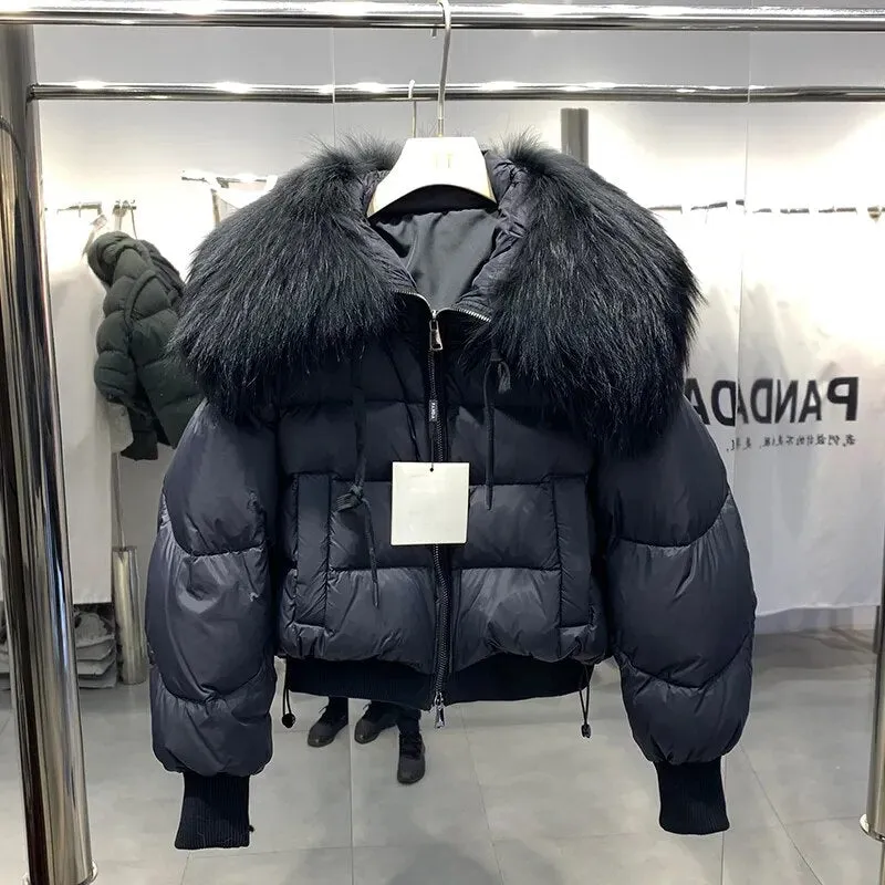 Lagabogy Winter Puffer Jacket Women Thick Warm Short Parkas Real Natural Raccoon Fur Female Loose 90% White Duck Down Coat