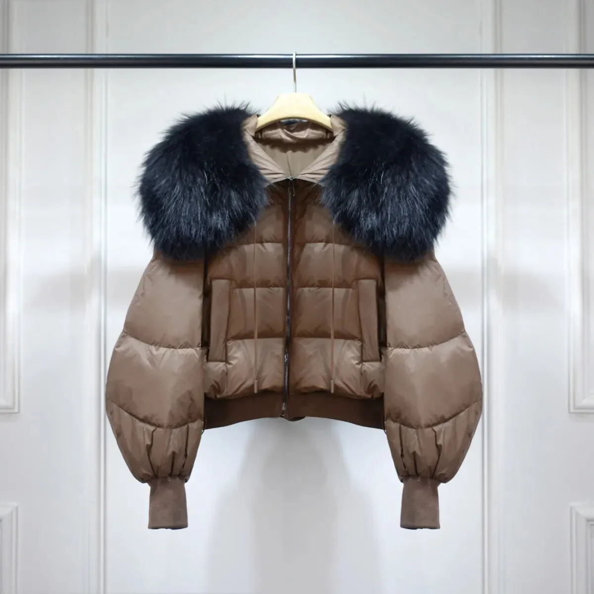 Lagabogy Winter Puffer Jacket Women Thick Warm Short Parkas Real Natural Raccoon Fur Female Loose 90% White Duck Down Coat