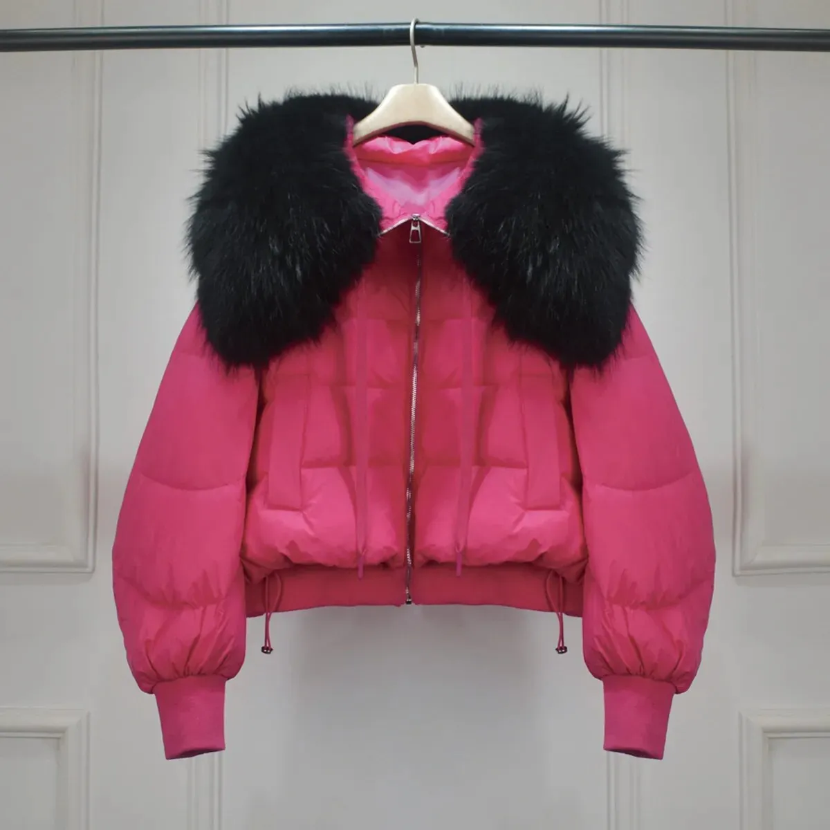Lagabogy Winter Puffer Jacket Women Thick Warm Short Parkas Real Natural Raccoon Fur Female Loose 90% White Duck Down Coat