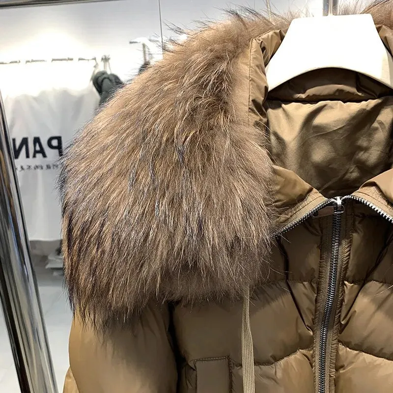 Lagabogy Winter Puffer Jacket Women Thick Warm Short Parkas Real Natural Raccoon Fur Female Loose 90% White Duck Down Coat