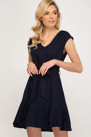 Night Out Navy Woven Dress with Waist Sash