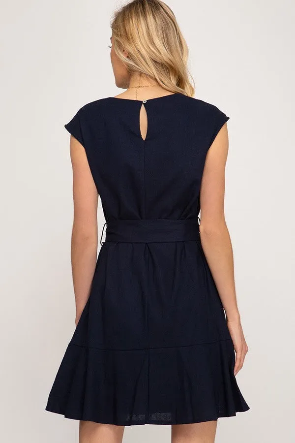 Night Out Navy Woven Dress with Waist Sash