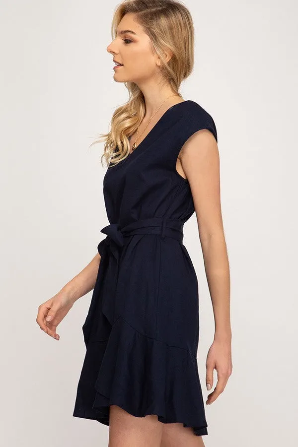 Night Out Navy Woven Dress with Waist Sash