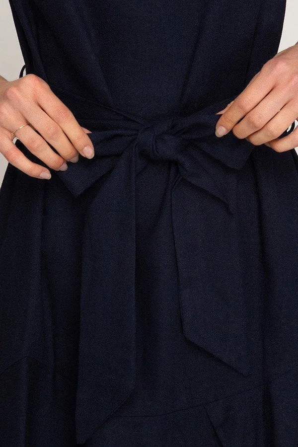 Night Out Navy Woven Dress with Waist Sash
