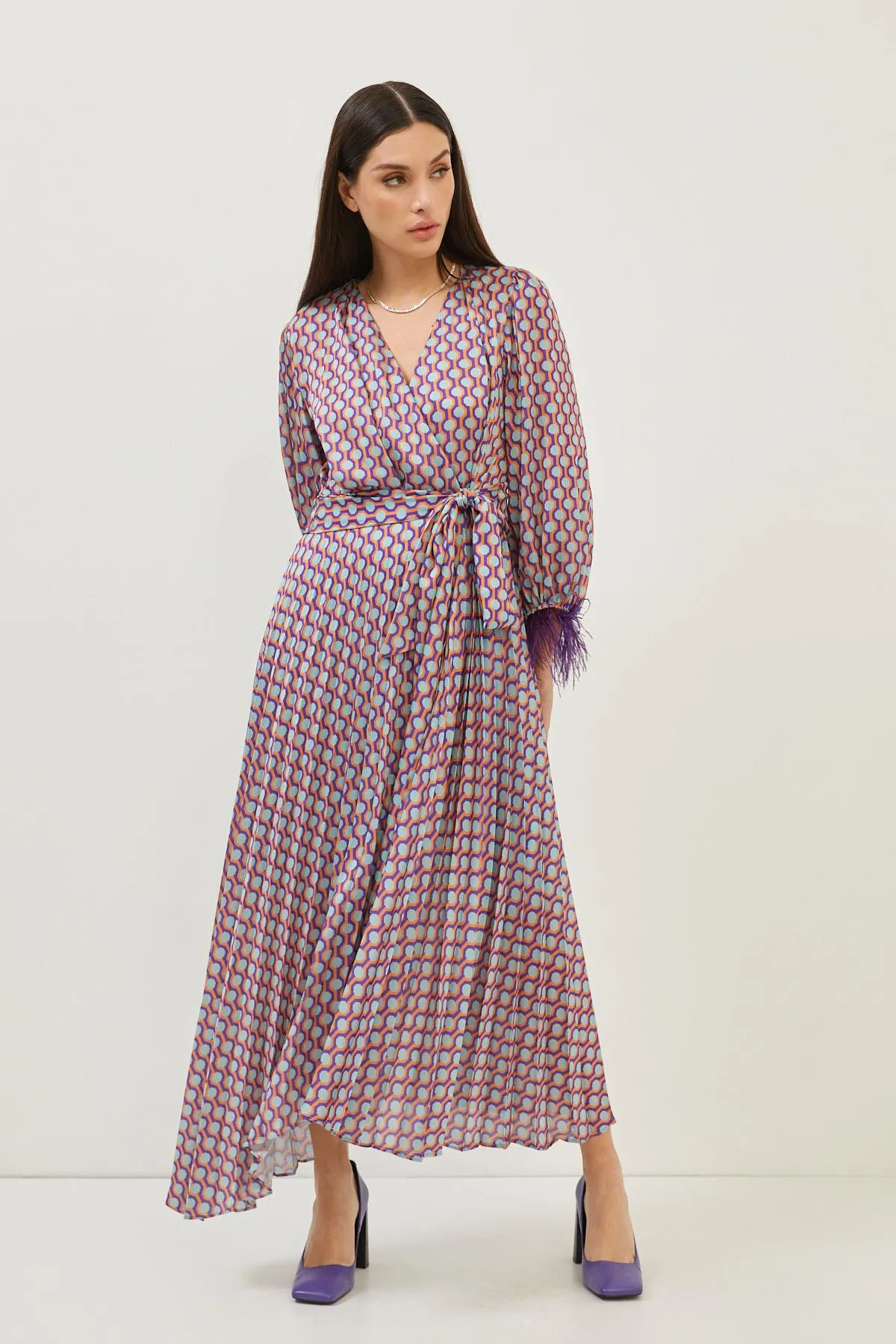 Print Purple/Orange Feather Detail Long Sleeve Maxi Dress