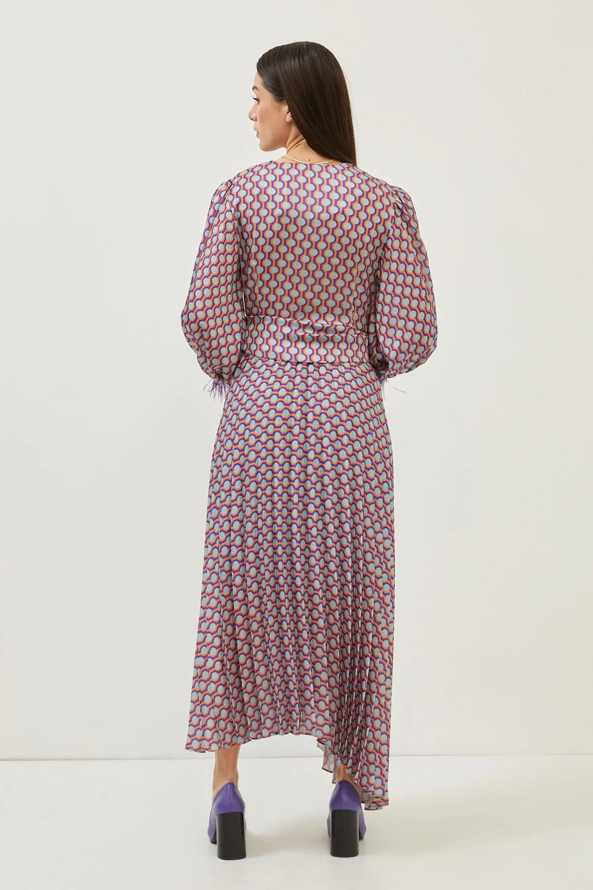 Print Purple/Orange Feather Detail Long Sleeve Maxi Dress