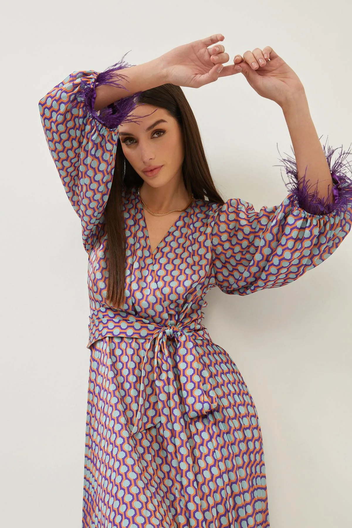 Print Purple/Orange Feather Detail Long Sleeve Maxi Dress
