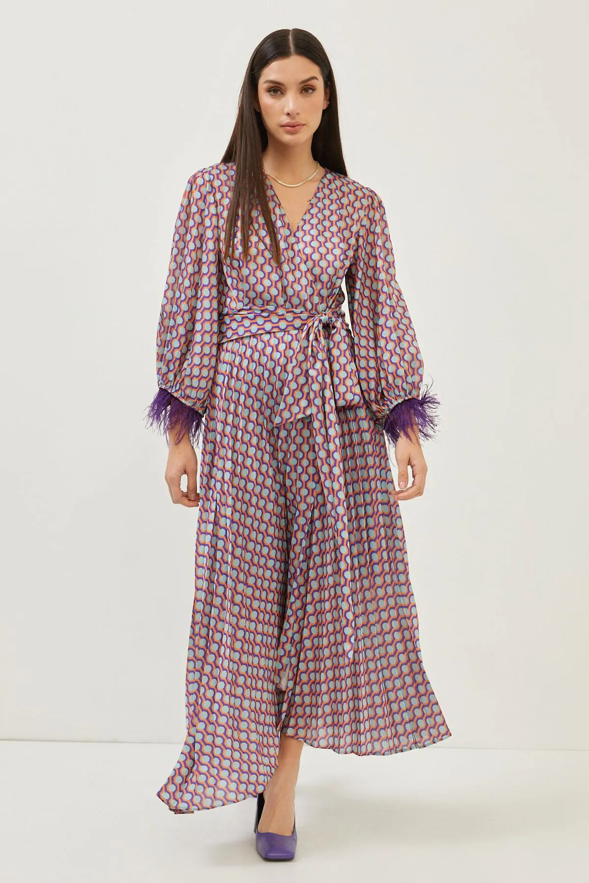 Print Purple/Orange Feather Detail Long Sleeve Maxi Dress