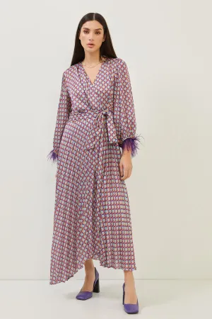 Print Purple/Orange Feather Detail Long Sleeve Maxi Dress
