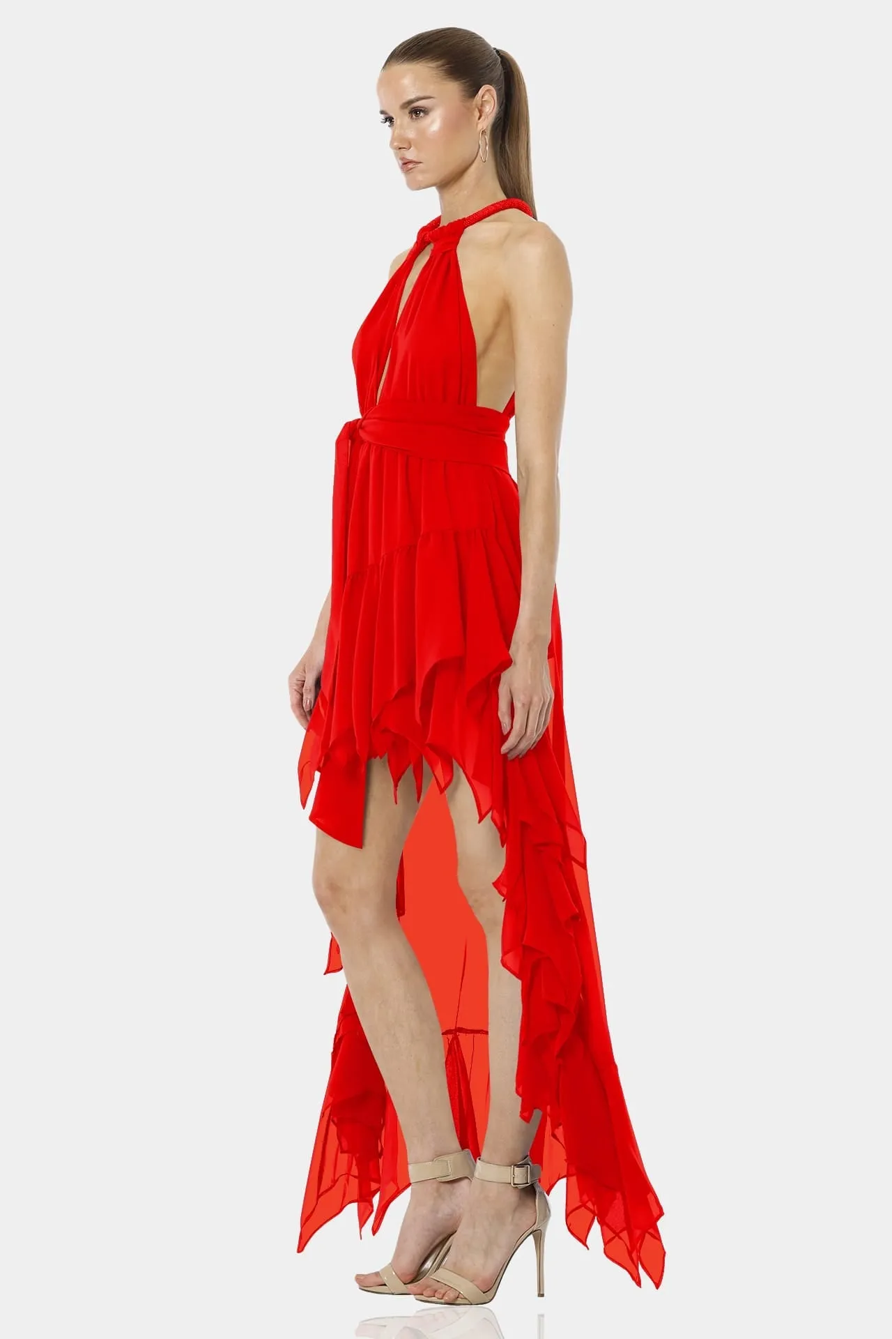 Psarou Red Lava Falls High Low Ruffle Dress