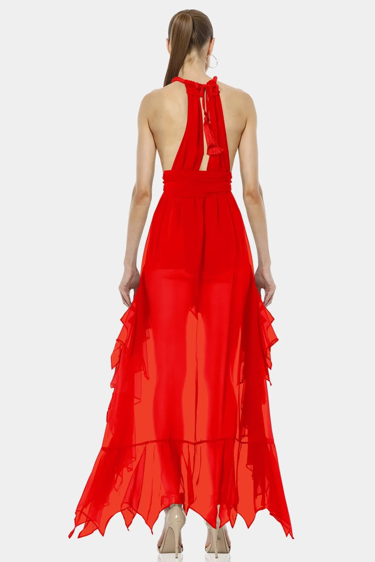 Psarou Red Lava Falls High Low Ruffle Dress