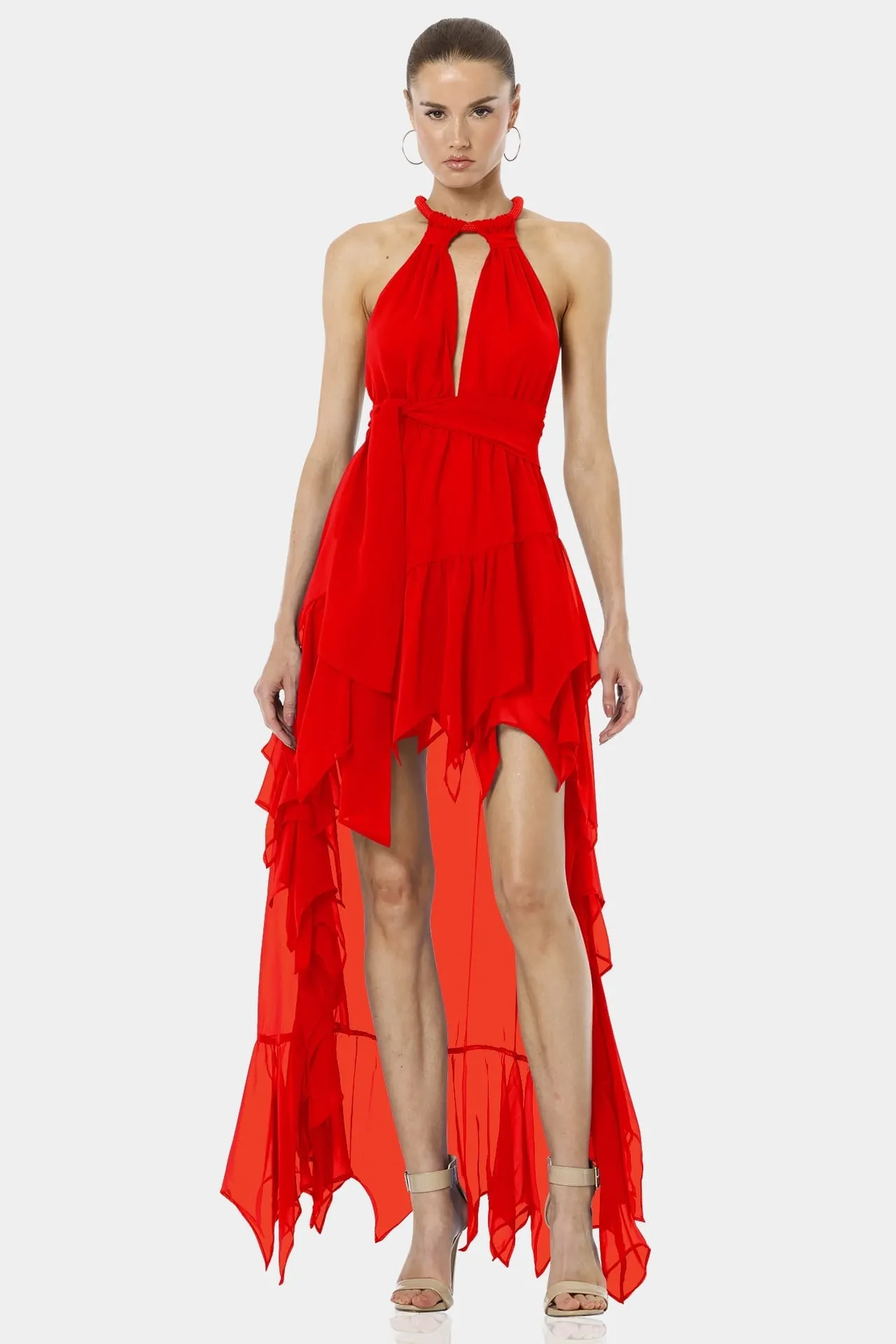 Psarou Red Lava Falls High Low Ruffle Dress