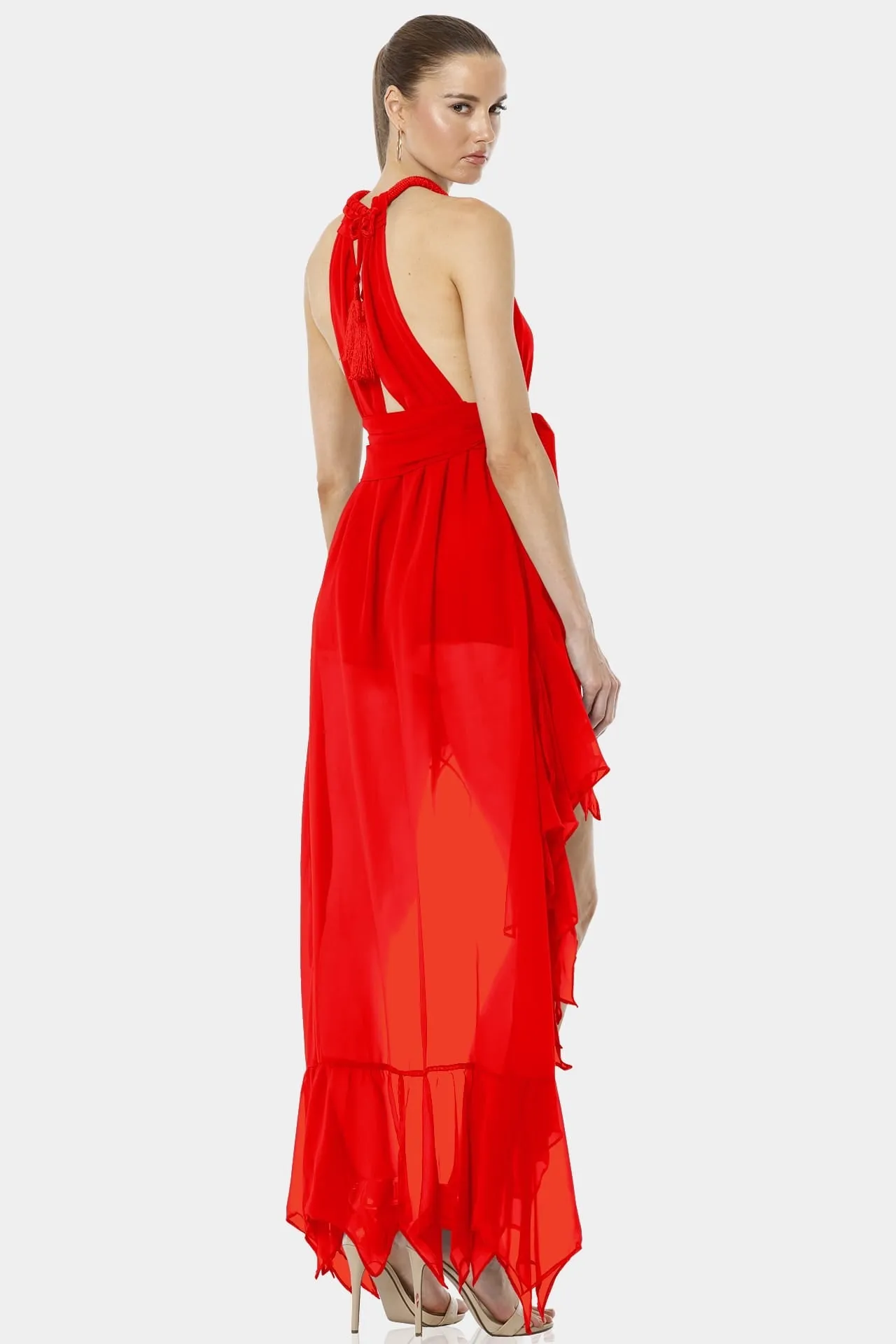 Psarou Red Lava Falls High Low Ruffle Dress