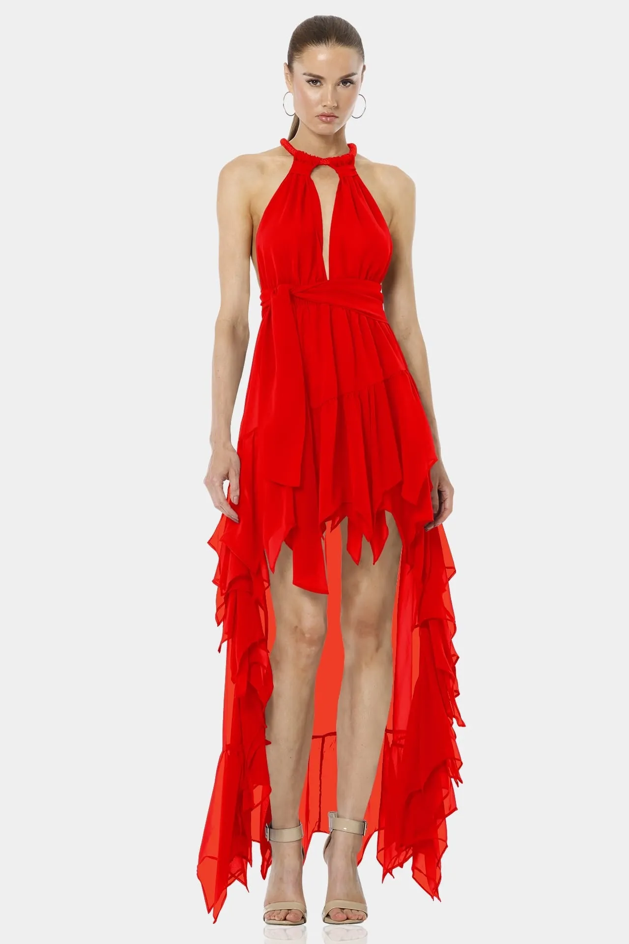 Psarou Red Lava Falls High Low Ruffle Dress
