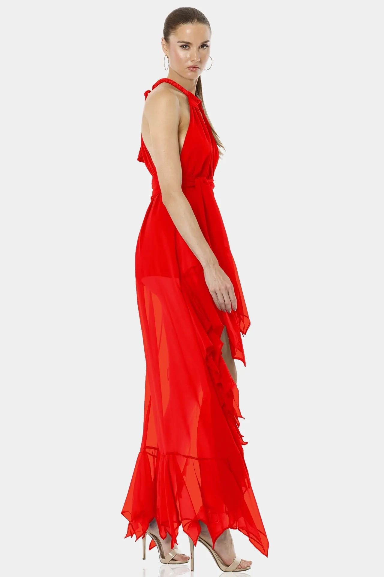 Psarou Red Lava Falls High Low Ruffle Dress